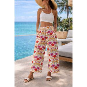 Rachel Zoe Size Large 100% Linen Wide Leg Pants Floral Print Boho Resort